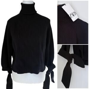 ZARA Black Turtleneck Sweater Tie Sleeves Chunky Knit Small Classic Gothic Witch